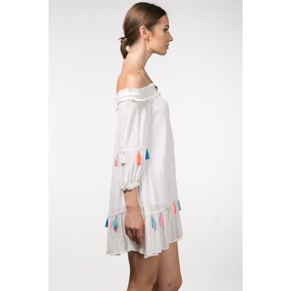 Casual Off The Shoulder Multi-Color Tassels White Dress Super Cute Comfy - Picture 3 of 13